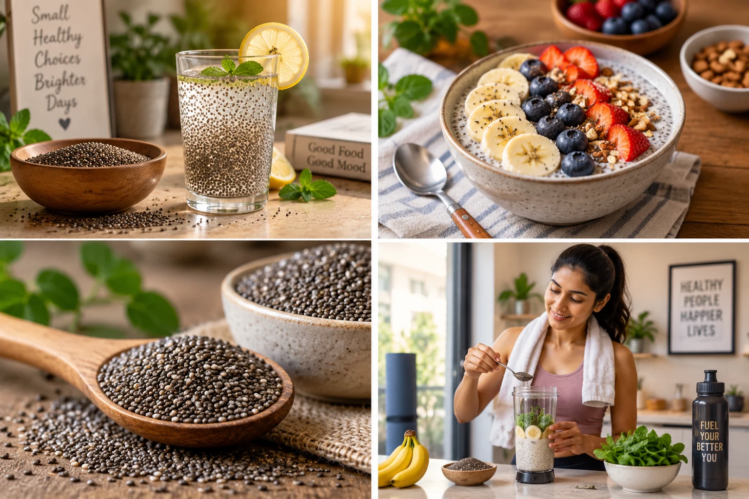 AI-generated collage showing chia water, a fruit breakfast bowl, dry chia seeds and smoothie preparation