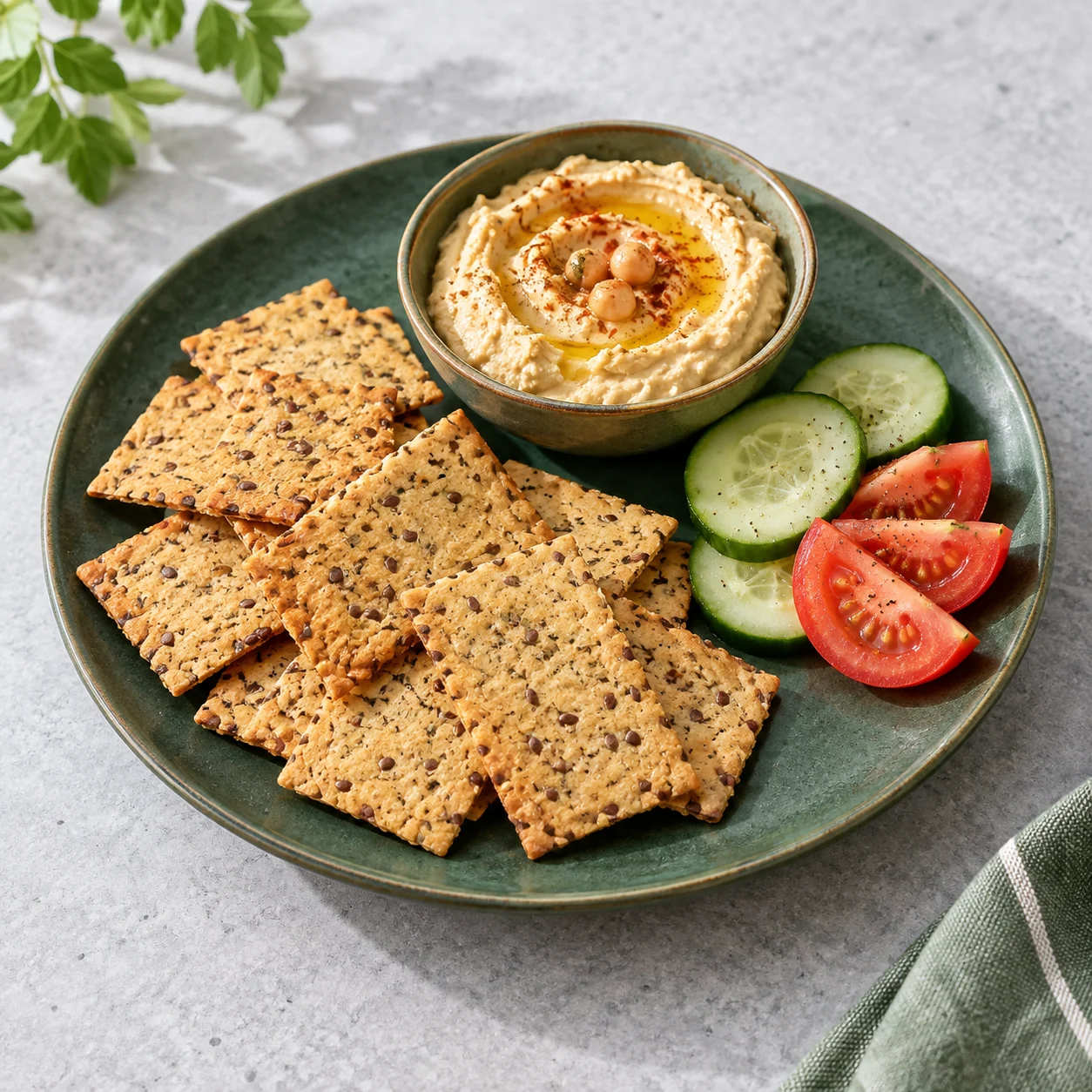 AI-generated serving idea of baked flax crackers with chickpea dip, cucumber and tomato