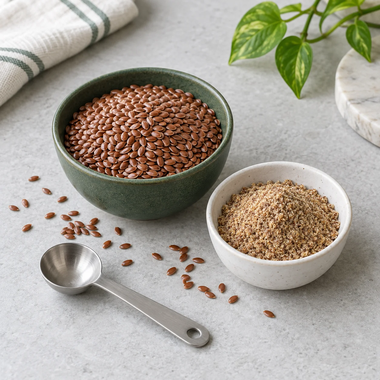 AI-generated ingredient illustration of brown flaxseeds and ground flax meal in separate bowls