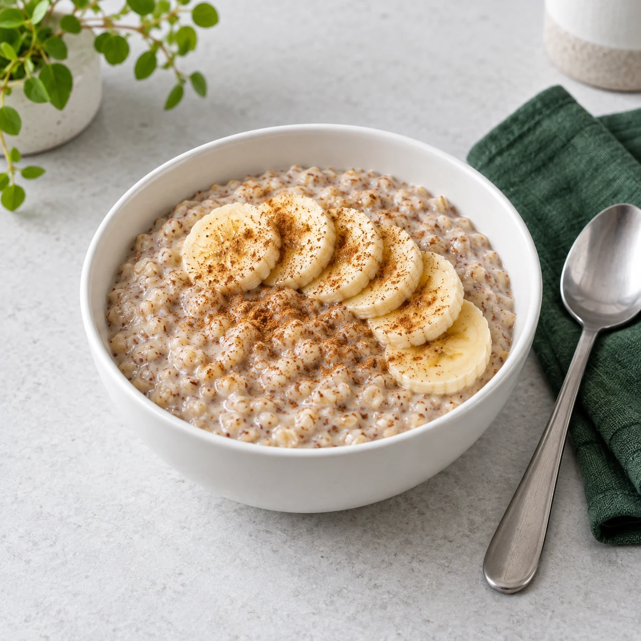 AI-generated illustration of cooked oat and ground-flax porridge finished with banana and cinnamon