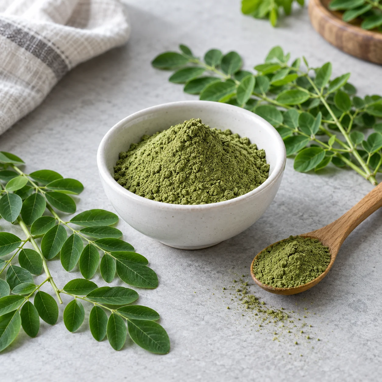 AI-generated ingredient illustration of moringa leaf powder in a bowl with fresh moringa leaflets
