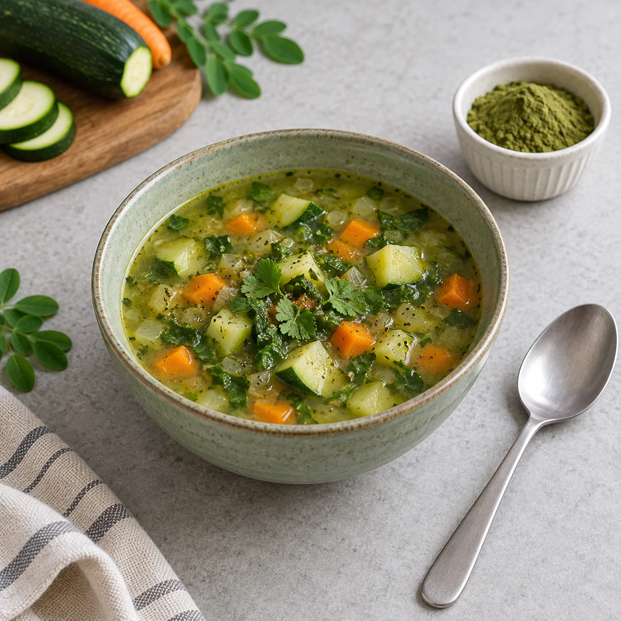 AI-generated serving illustration of vegetable soup beside a small bowl of moringa powder