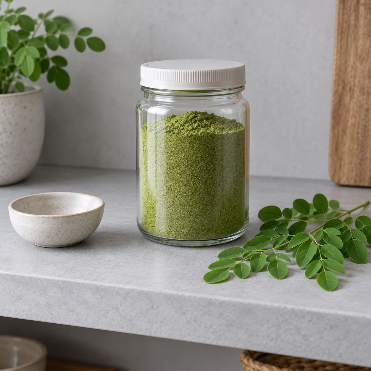 AI-generated storage illustration of moringa powder in a closed unbranded glass jar