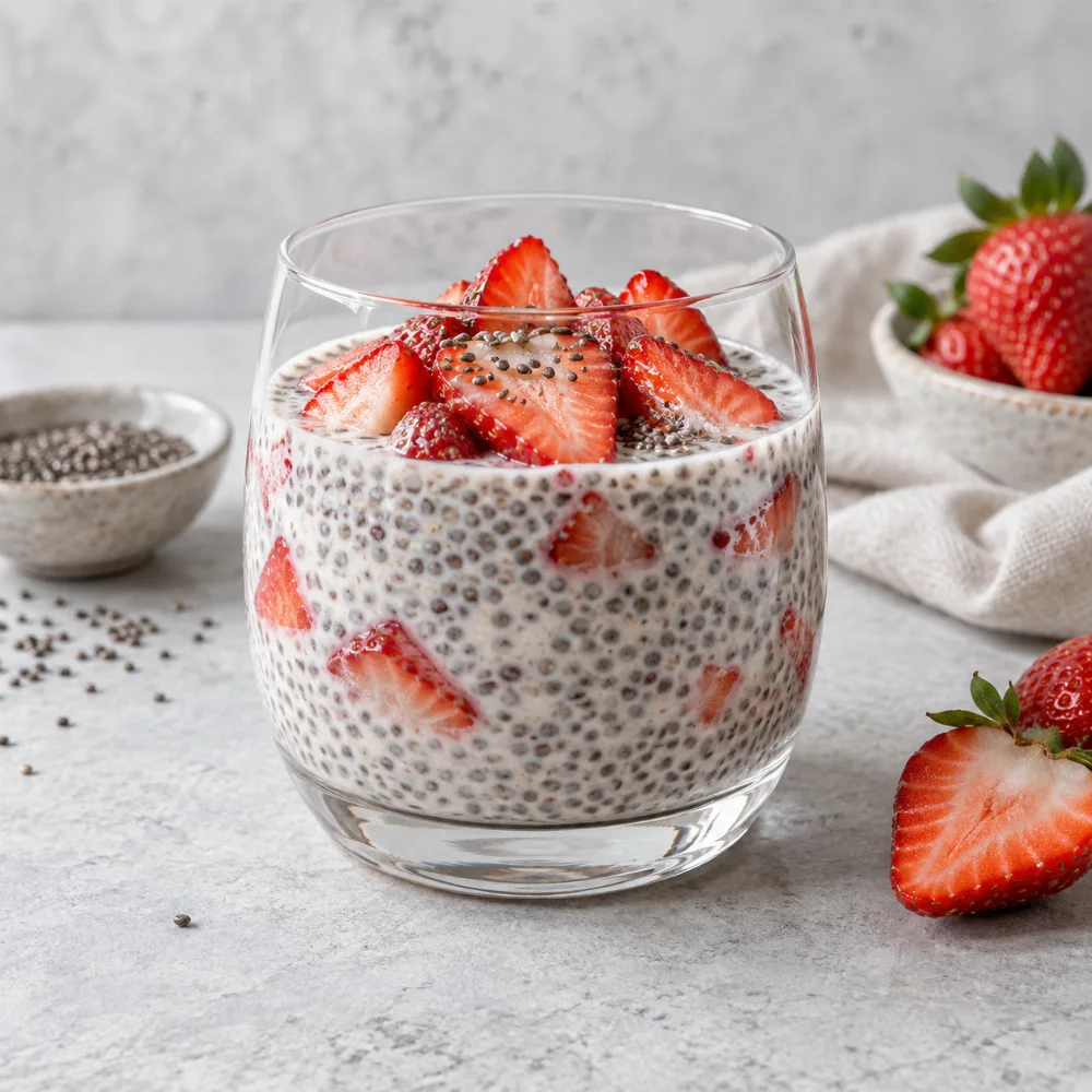A strawberry chia pudding prepared as a breakfast or snack