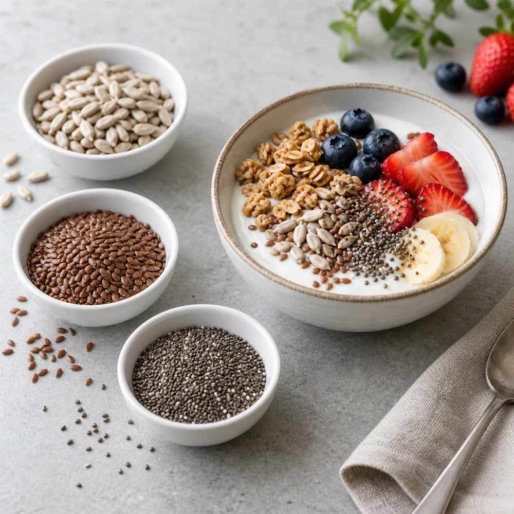 A breakfast bowl with fruit and seeds, alongside everyday pantry ingredients