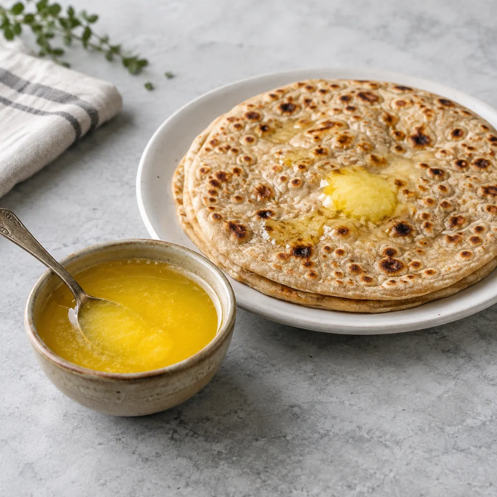 Warm flatbread served with a small bowl of ghee