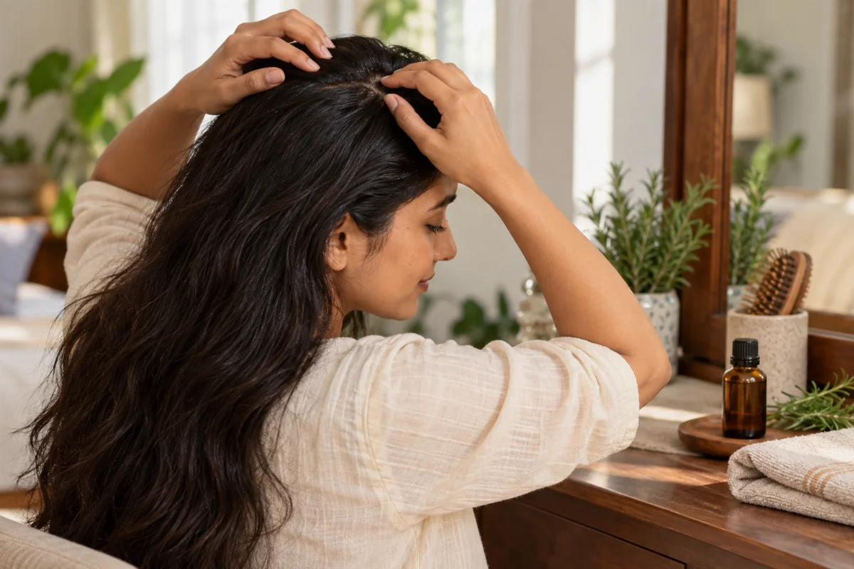 AI-generated illustration of an adult woman gently touching her hair part with fingertips beside a closed oil bottle
