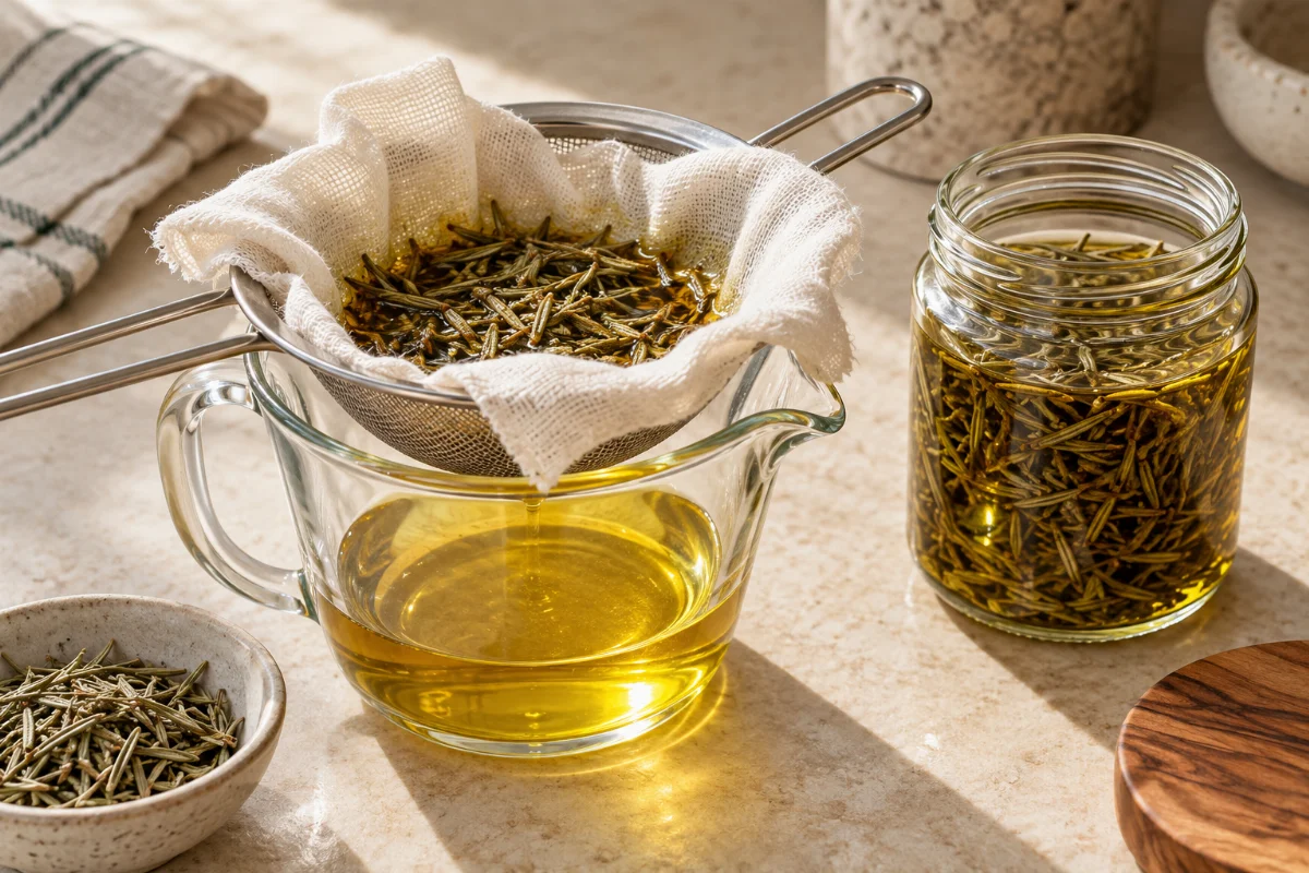 AI-generated preparation illustration of rosemary-infused carrier oil being filtered through cloth into a glass jug