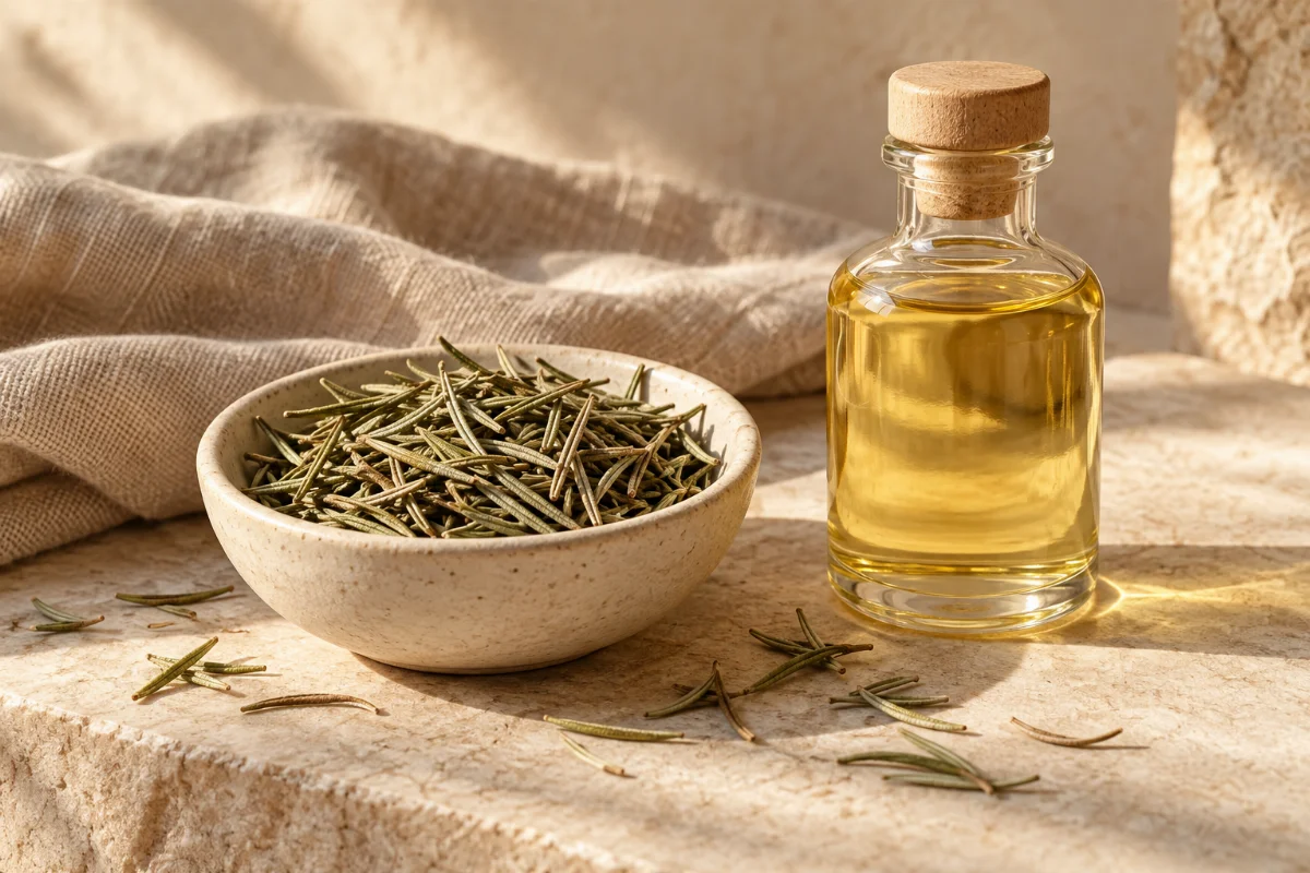 AI-generated ingredient illustration of dried rosemary leaves beside an unbranded bottle of golden carrier oil