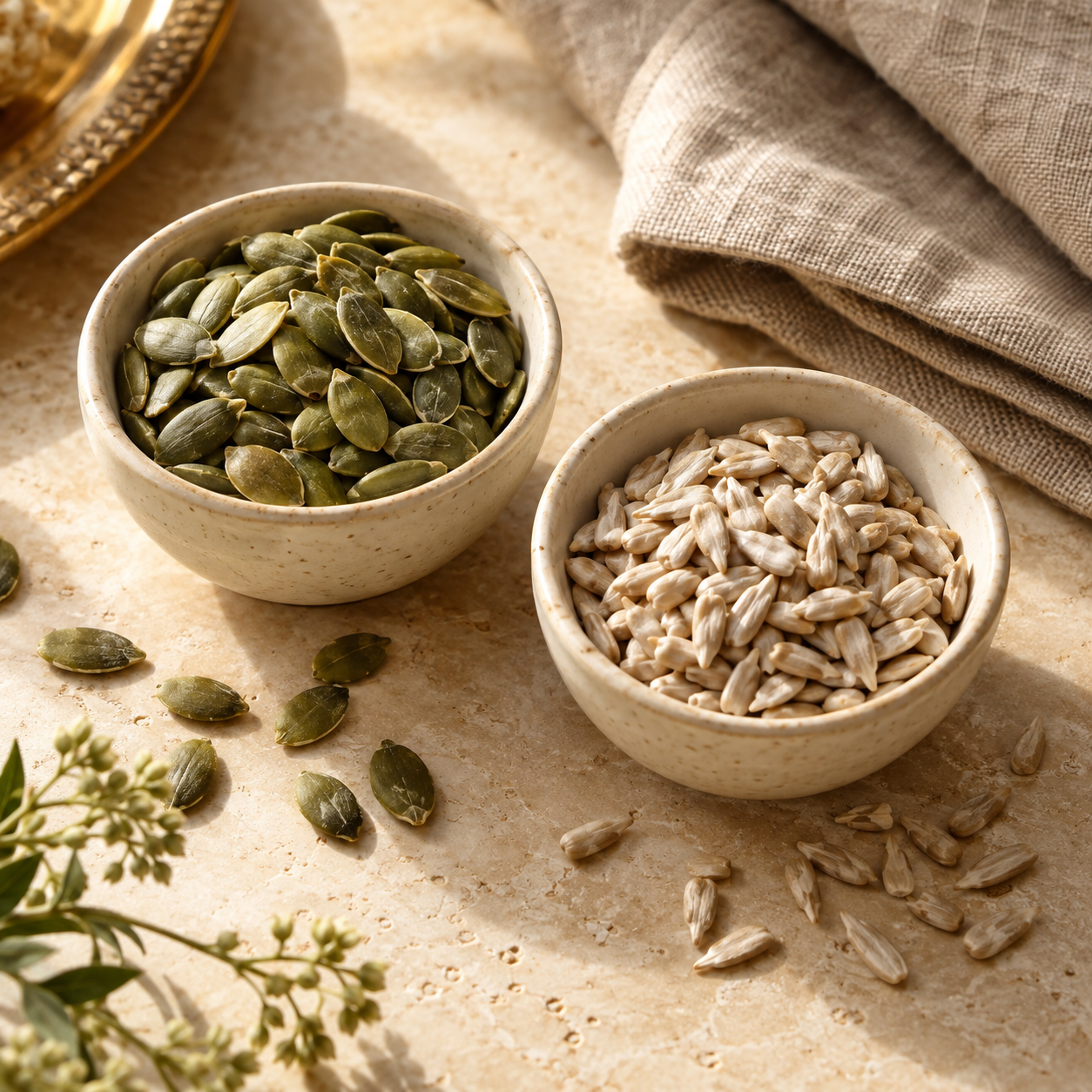 Illustration of green pumpkin kernels and pale sunflower kernels in separate ceramic bowls