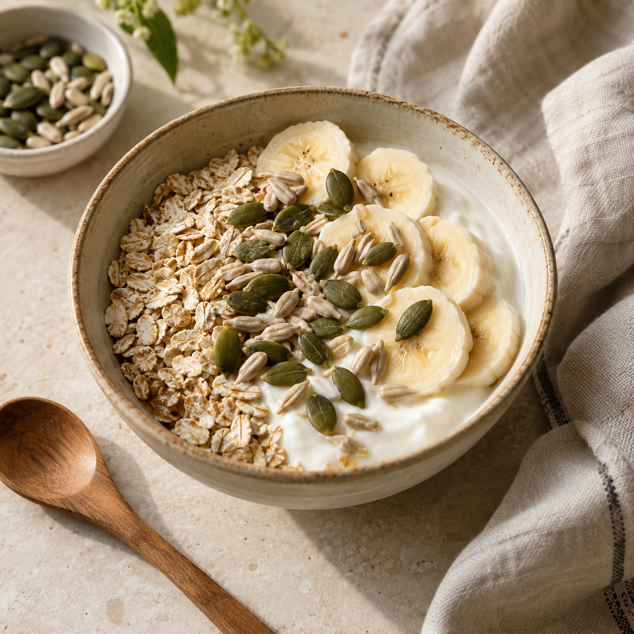 Illustrative yogurt, oats and banana breakfast topped with pumpkin and sunflower kernels