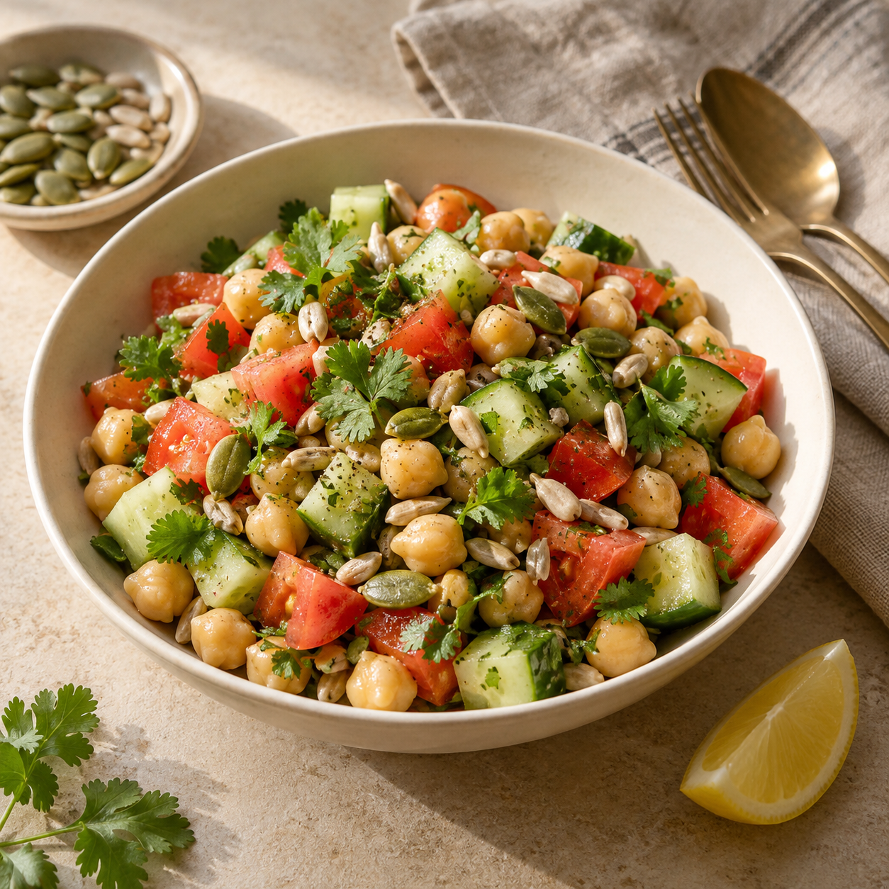 Illustrative chickpea, cucumber and tomato salad sprinkled with pumpkin and sunflower kernels